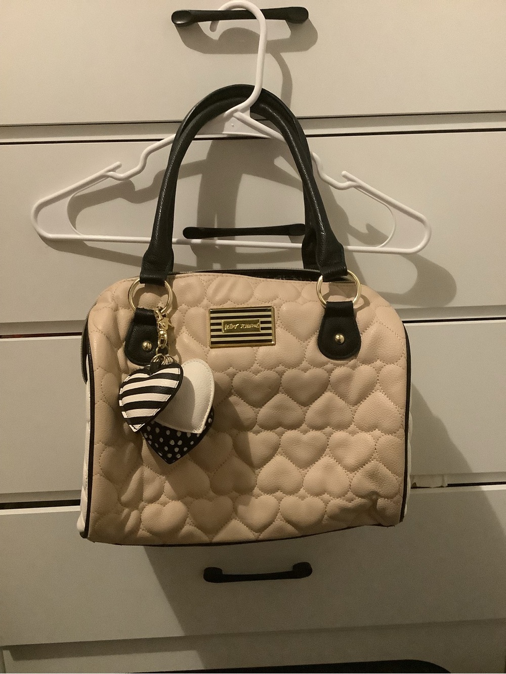 Betsey Johnson Beige Quilted Heart Satchel with Black Trim